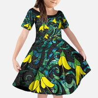 New Zealand Kowhai Flowers Family Matching Short Sleeve Bodycon Dress and Hawaiian Shirt Maori Koru Pattern With Paua Shell Style LT03 Daughter's Dress Black - Polynesian Pride