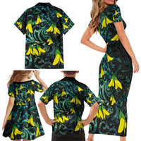 New Zealand Kowhai Flowers Family Matching Short Sleeve Bodycon Dress and Hawaiian Shirt Maori Koru Pattern With Paua Shell Style LT03 - Polynesian Pride
