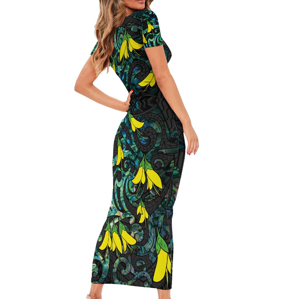 New Zealand Kowhai Flowers Family Matching Short Sleeve Bodycon Dress and Hawaiian Shirt Maori Koru Pattern With Paua Shell Style LT03 - Polynesian Pride