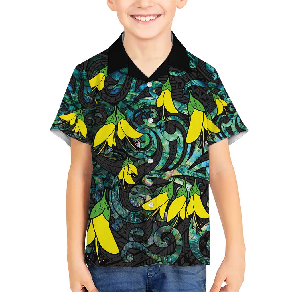 New Zealand Kowhai Flowers Family Matching Short Sleeve Bodycon Dress and Hawaiian Shirt Maori Koru Pattern With Paua Shell Style LT03 Son's Shirt Black - Polynesian Pride