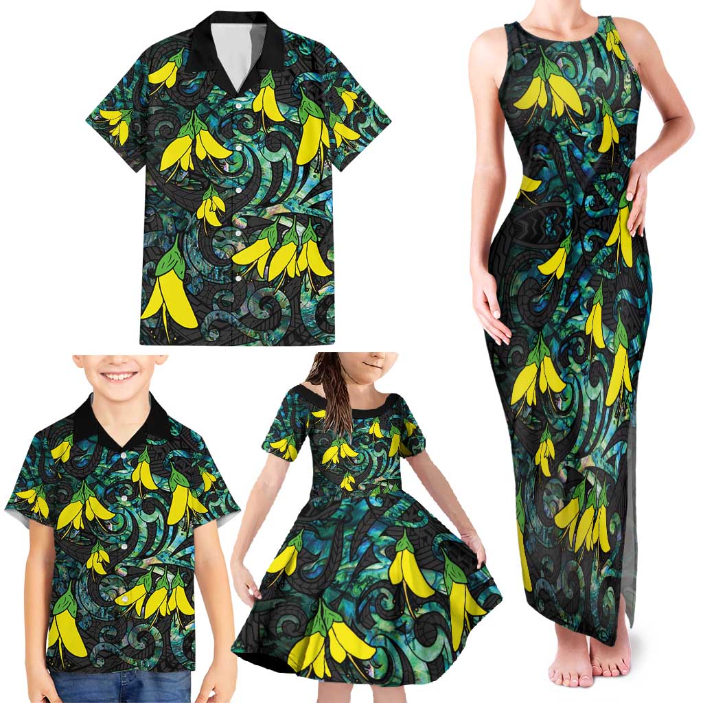 New Zealand Kowhai Flowers Family Matching Tank Maxi Dress and Hawaiian Shirt Maori Koru Pattern With Paua Shell Style