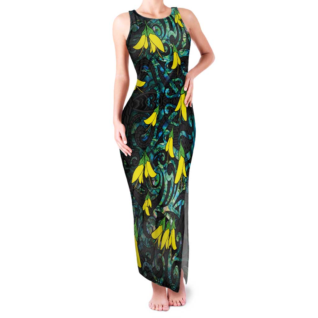 New Zealand Kowhai Flowers Family Matching Tank Maxi Dress and Hawaiian Shirt Maori Koru Pattern With Paua Shell Style