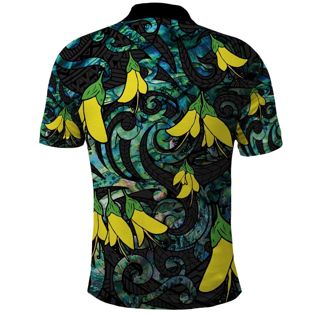 New Zealand Kowhai Flowers Polo Shirt Maori Koru Pattern With Paua Shell Style