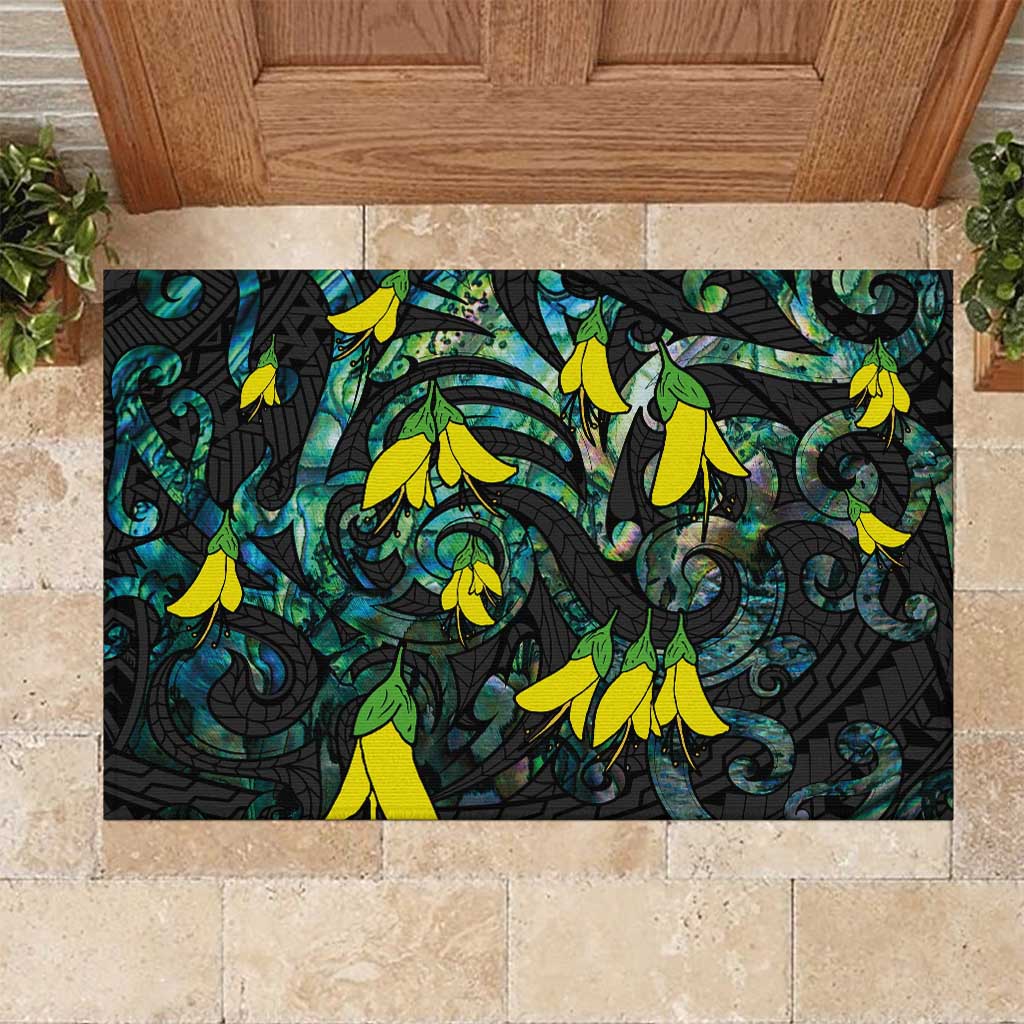 New Zealand Kowhai Flowers Rubber Doormat Maori Koru Pattern With Paua Shell Style