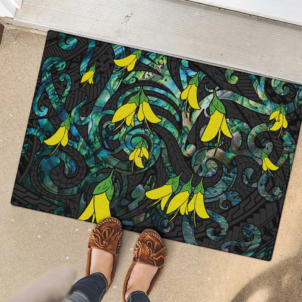 New Zealand Kowhai Flowers Rubber Doormat Maori Koru Pattern With Paua Shell Style