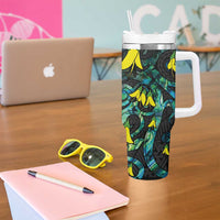 New Zealand Kowhai Flowers Tumbler With Handle Maori Koru Pattern With Paua Shell Style