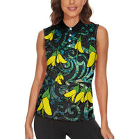 New Zealand Kowhai Flowers Women Sleeveless Polo Shirt Maori Koru Pattern With Paua Shell Style