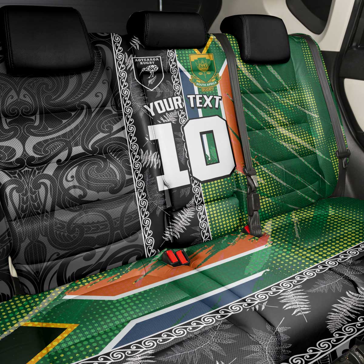 Custom Aotearoa South Africa Rugby Freedom Cup Back Car Seat Cover Maori Silver Fern Art and Sporty Flag SA - Polynesian Pride