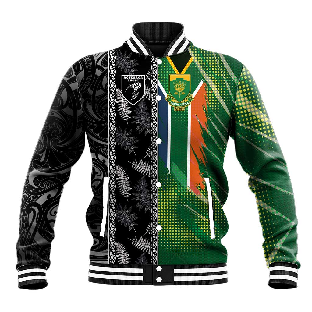 Custom Aotearoa South Africa Rugby Freedom Cup Baseball Jacket Maori Silver Fern Art and Sporty Flag SA - Polynesian Pride
