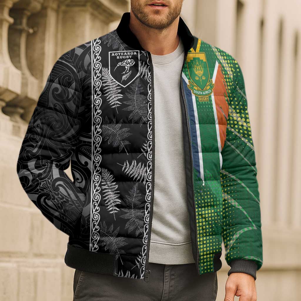 Custom Aotearoa South Africa Rugby Freedom Cup Bomber Puffer Jacket Maori Silver Fern Art and Sporty Flag SA - Polynesian Pride