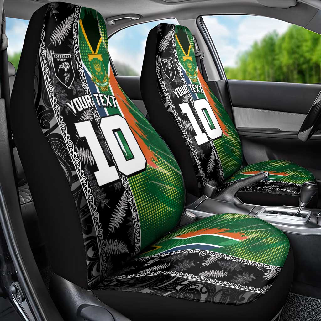 Custom Aotearoa South Africa Rugby Freedom Cup Car Seat Cover Maori Silver Fern Art and Sporty Flag SA - Polynesian Pride