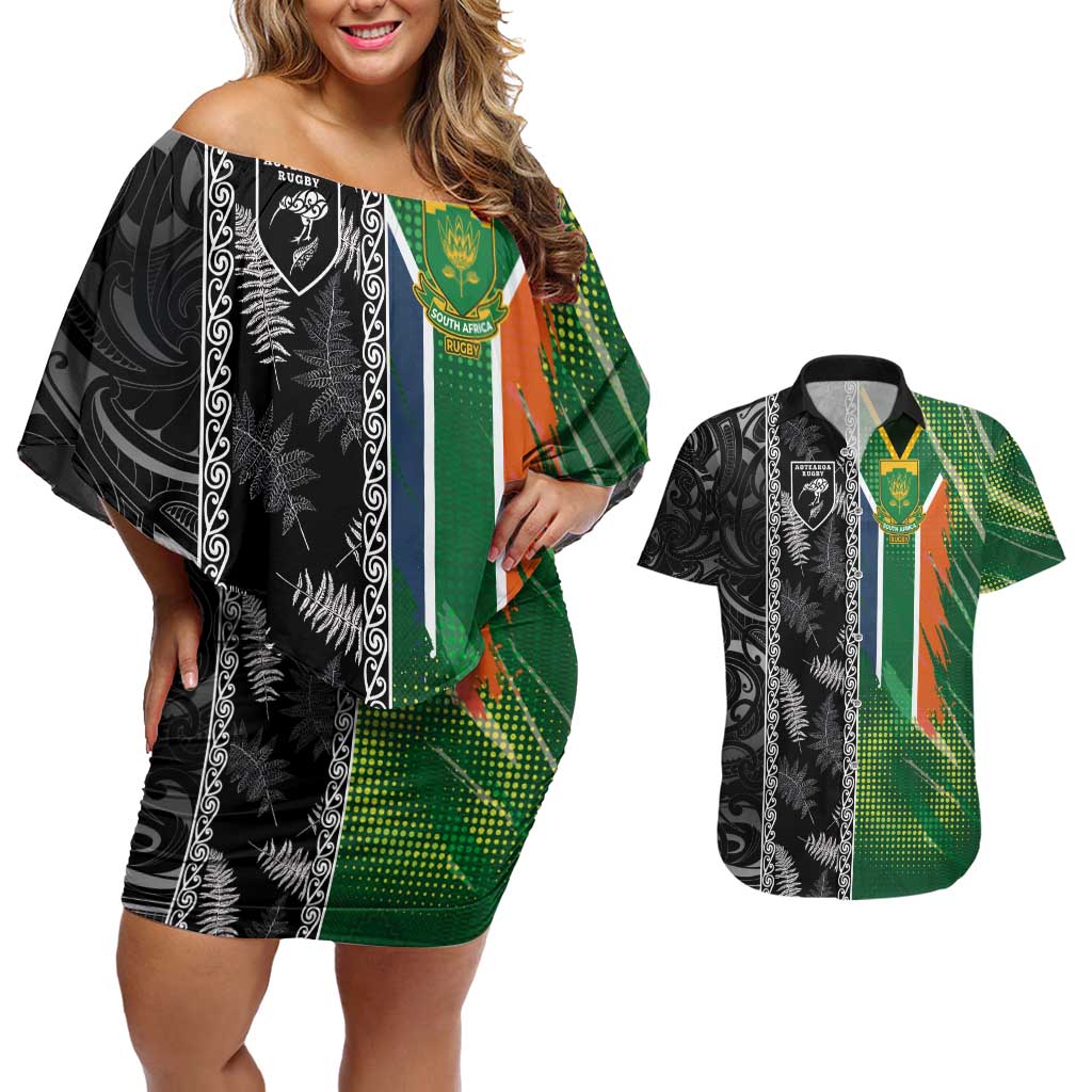 Custom Aotearoa South Africa Rugby Freedom Cup Couples Matching Off Shoulder Short Dress and Hawaiian Shirt Maori Silver Fern Art and Sporty Flag SA - Polynesian Pride
