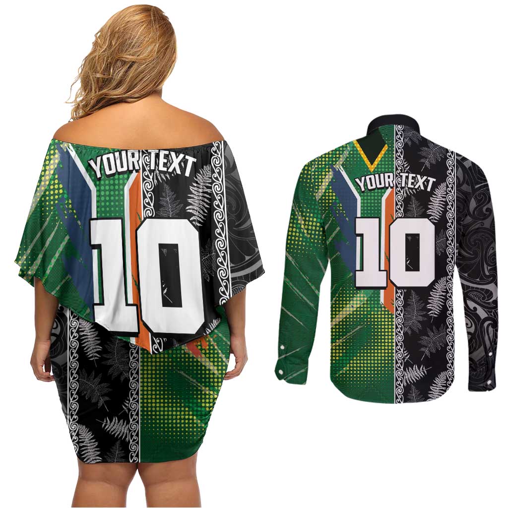 Custom Aotearoa South Africa Rugby Freedom Cup Couples Matching Off Shoulder Short Dress and Long Sleeve Button Shirt Maori Silver Fern Art and Sporty Flag SA - Polynesian Pride