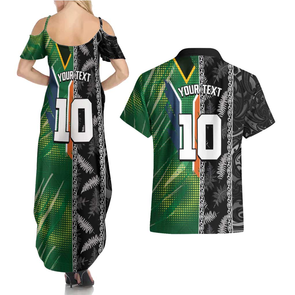 Custom Aotearoa South Africa Rugby Freedom Cup Couples Matching Summer Maxi Dress and Hawaiian Shirt Maori Silver Fern Art and Sporty Flag SA - Polynesian Pride