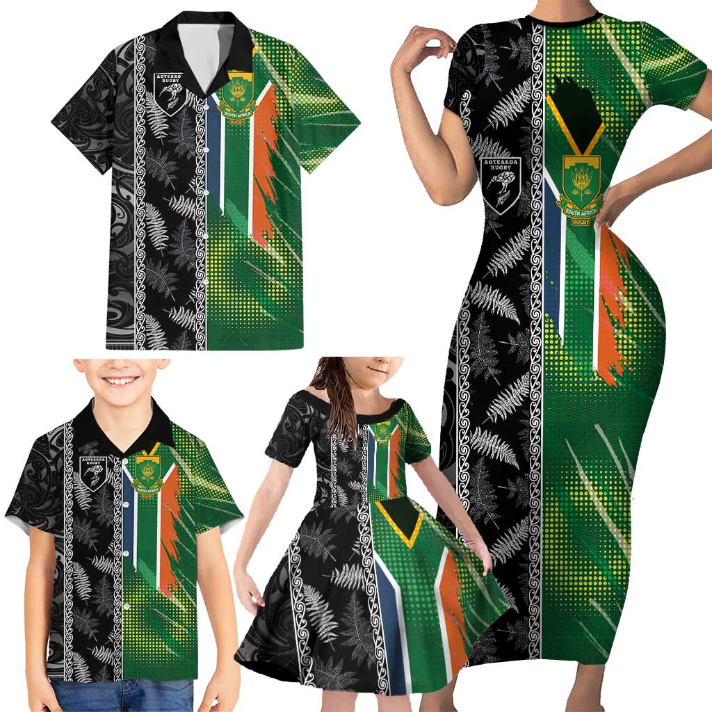 Custom Aotearoa South Africa Rugby Freedom Cup Family Matching Short Sleeve Bodycon Dress and Hawaiian Shirt Maori Silver Fern Art and Sporty Flag SA - Polynesian Pride