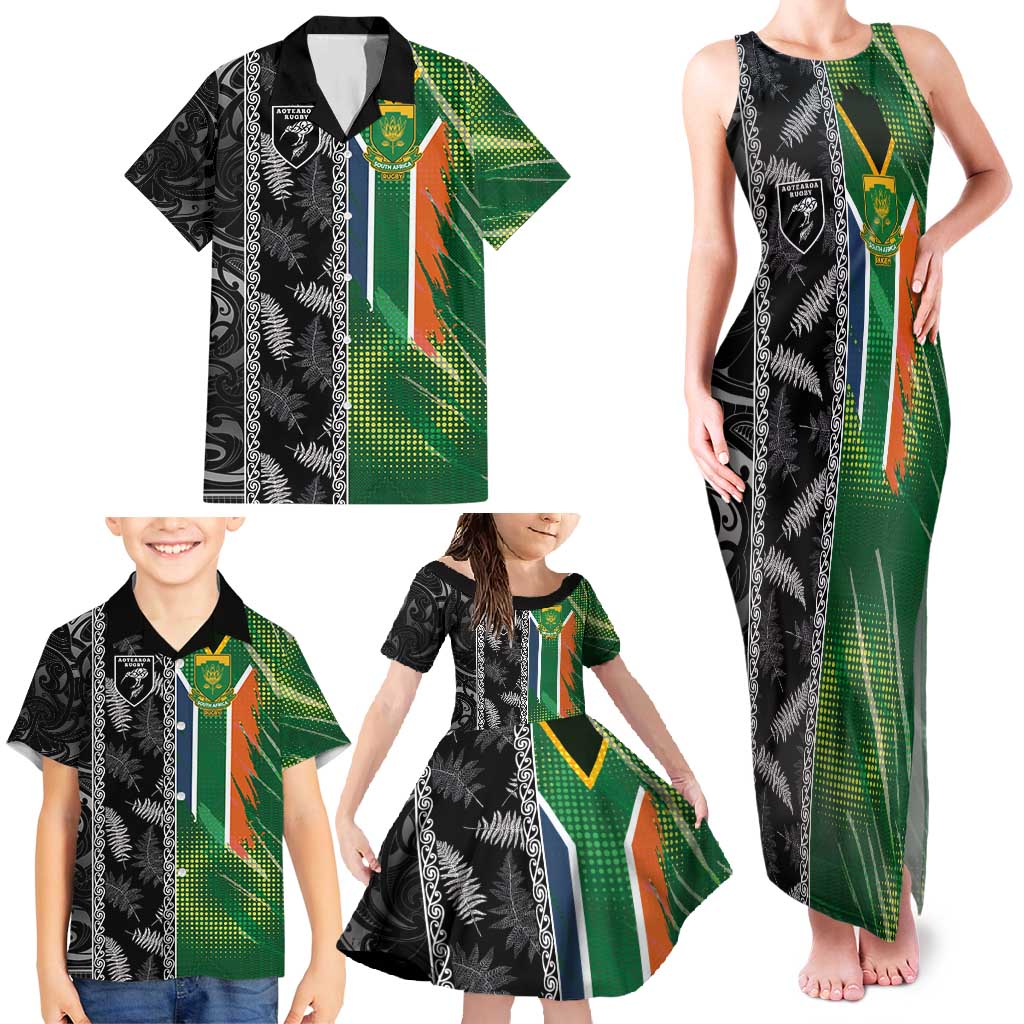 Custom Aotearoa South Africa Rugby Freedom Cup Family Matching Tank Maxi Dress and Hawaiian Shirt Maori Silver Fern Art and Sporty Flag SA - Polynesian Pride
