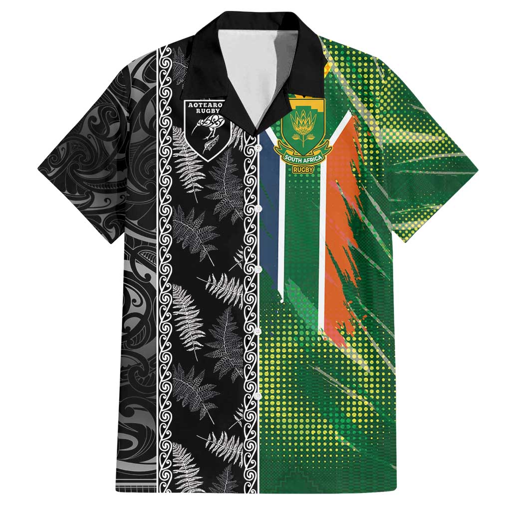Custom Aotearoa South Africa Rugby Freedom Cup Family Matching Tank Maxi Dress and Hawaiian Shirt Maori Silver Fern Art and Sporty Flag SA - Polynesian Pride