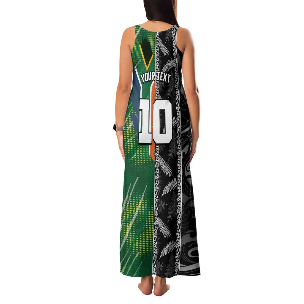 Custom Aotearoa South Africa Rugby Freedom Cup Family Matching Tank Maxi Dress and Hawaiian Shirt Maori Silver Fern Art and Sporty Flag SA - Polynesian Pride