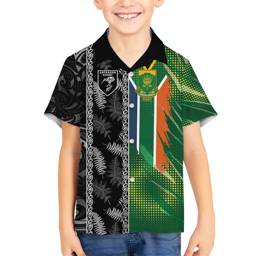 Custom Aotearoa South Africa Rugby Freedom Cup Hawaiian Shirt Maori Silver Fern Art and Sporty Flag SA - Polynesian Pride