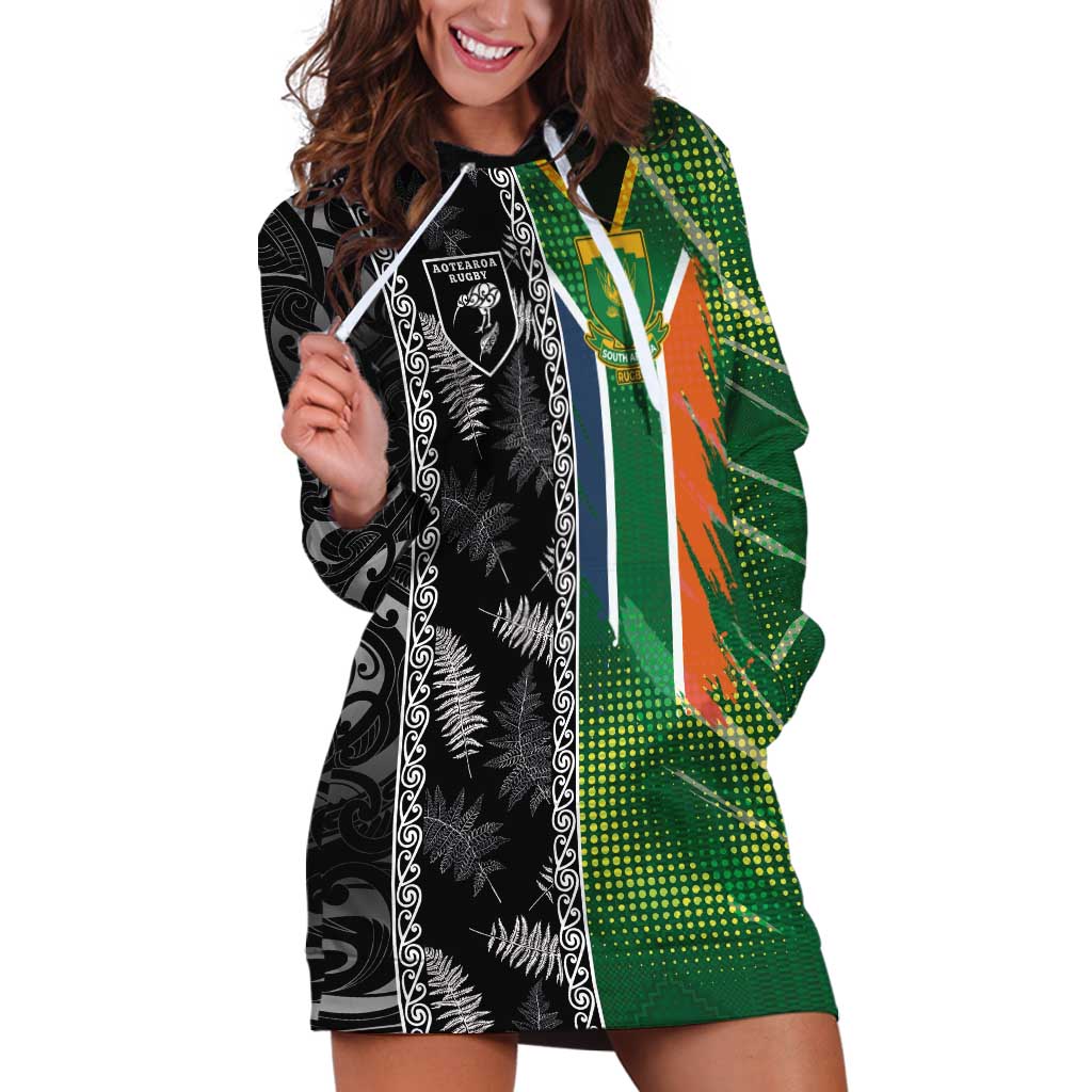 Custom Aotearoa South Africa Rugby Freedom Cup Hoodie Dress Maori Silver Fern Art and Sporty Flag SA - Polynesian Pride