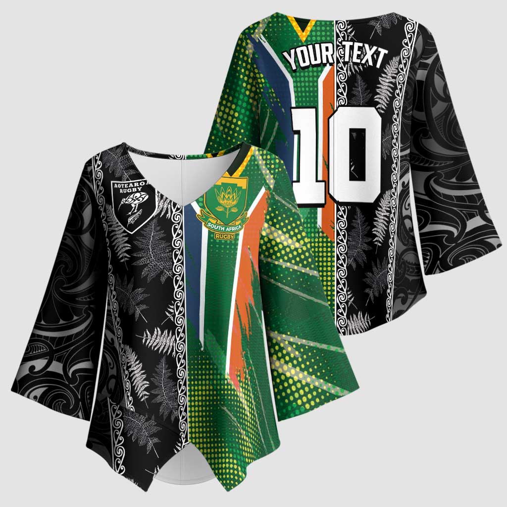 Custom Aotearoa South Africa Rugby Freedom Cup Kimono Sleeve Blouse Maori Silver Fern Art and Sporty Flag SA - Polynesian Pride