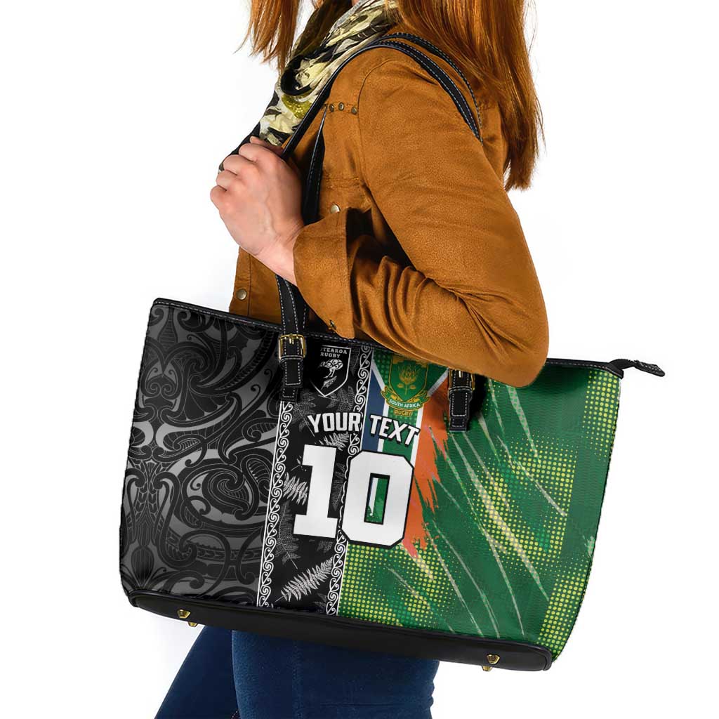Custom Aotearoa South Africa Rugby Freedom Cup Leather Tote Bag Maori Silver Fern Art and Sporty Flag SA - Polynesian Pride