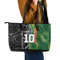 Custom Aotearoa South Africa Rugby Freedom Cup Leather Tote Bag Maori Silver Fern Art and Sporty Flag SA LT03 - Polynesian Pride