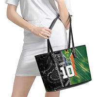 Custom Aotearoa South Africa Rugby Freedom Cup Leather Tote Bag Maori Silver Fern Art and Sporty Flag SA LT03 - Polynesian Pride