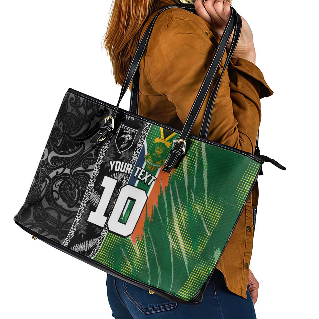 Custom Aotearoa South Africa Rugby Freedom Cup Leather Tote Bag Maori Silver Fern Art and Sporty Flag SA LT03 - Polynesian Pride