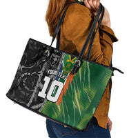 Custom Aotearoa South Africa Rugby Freedom Cup Leather Tote Bag Maori Silver Fern Art and Sporty Flag SA LT03 - Polynesian Pride