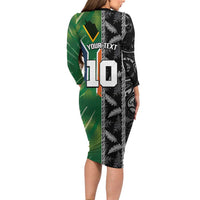 Custom Aotearoa South Africa Rugby Freedom Cup Long Sleeve Bodycon Dress Maori Silver Fern Art and Sporty Flag SA - Polynesian Pride