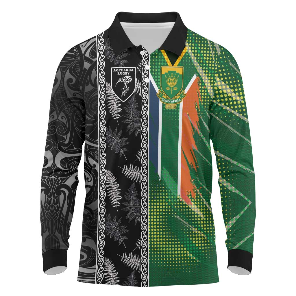 Custom Aotearoa South Africa Rugby Freedom Cup Long Sleeve Polo Shirt Maori Silver Fern Art and Sporty Flag SA - Polynesian Pride