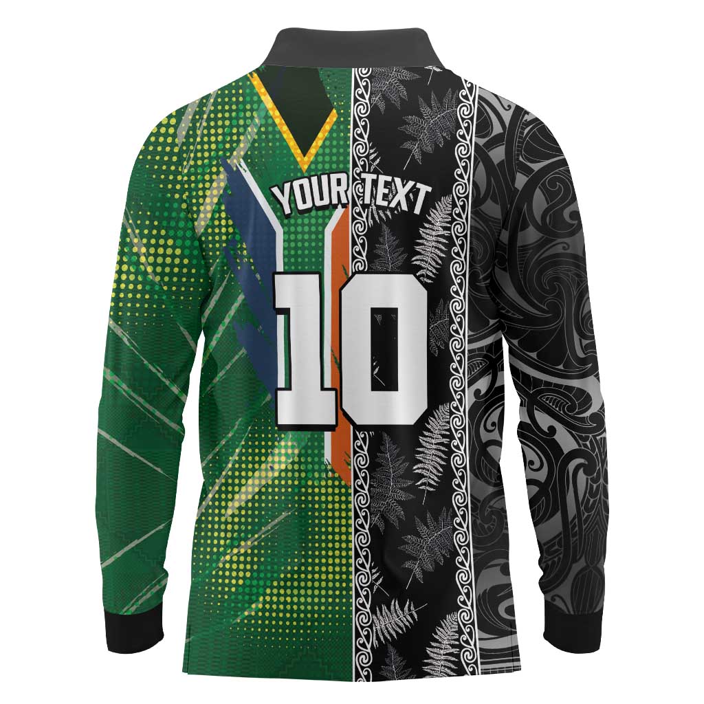 Custom Aotearoa South Africa Rugby Freedom Cup Long Sleeve Polo Shirt Maori Silver Fern Art and Sporty Flag SA - Polynesian Pride
