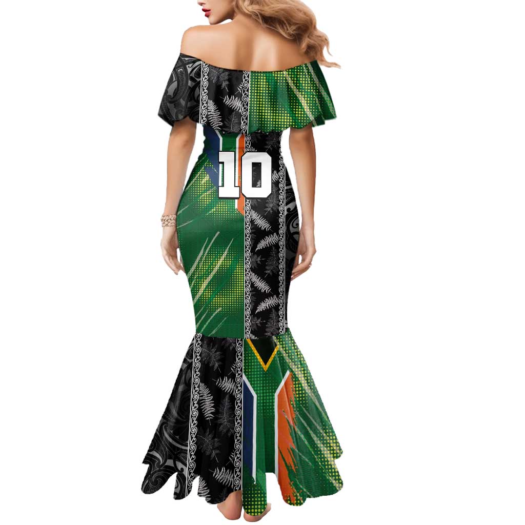 Custom Aotearoa South Africa Rugby Freedom Cup Mermaid Dress Maori Silver Fern Art and Sporty Flag SA - Polynesian Pride
