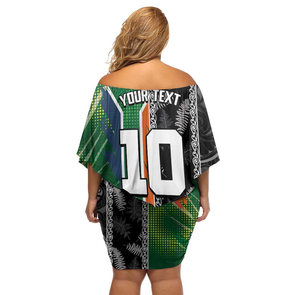 Custom Aotearoa South Africa Rugby Freedom Cup Off Shoulder Short Dress Maori Silver Fern Art and Sporty Flag SA - Polynesian Pride