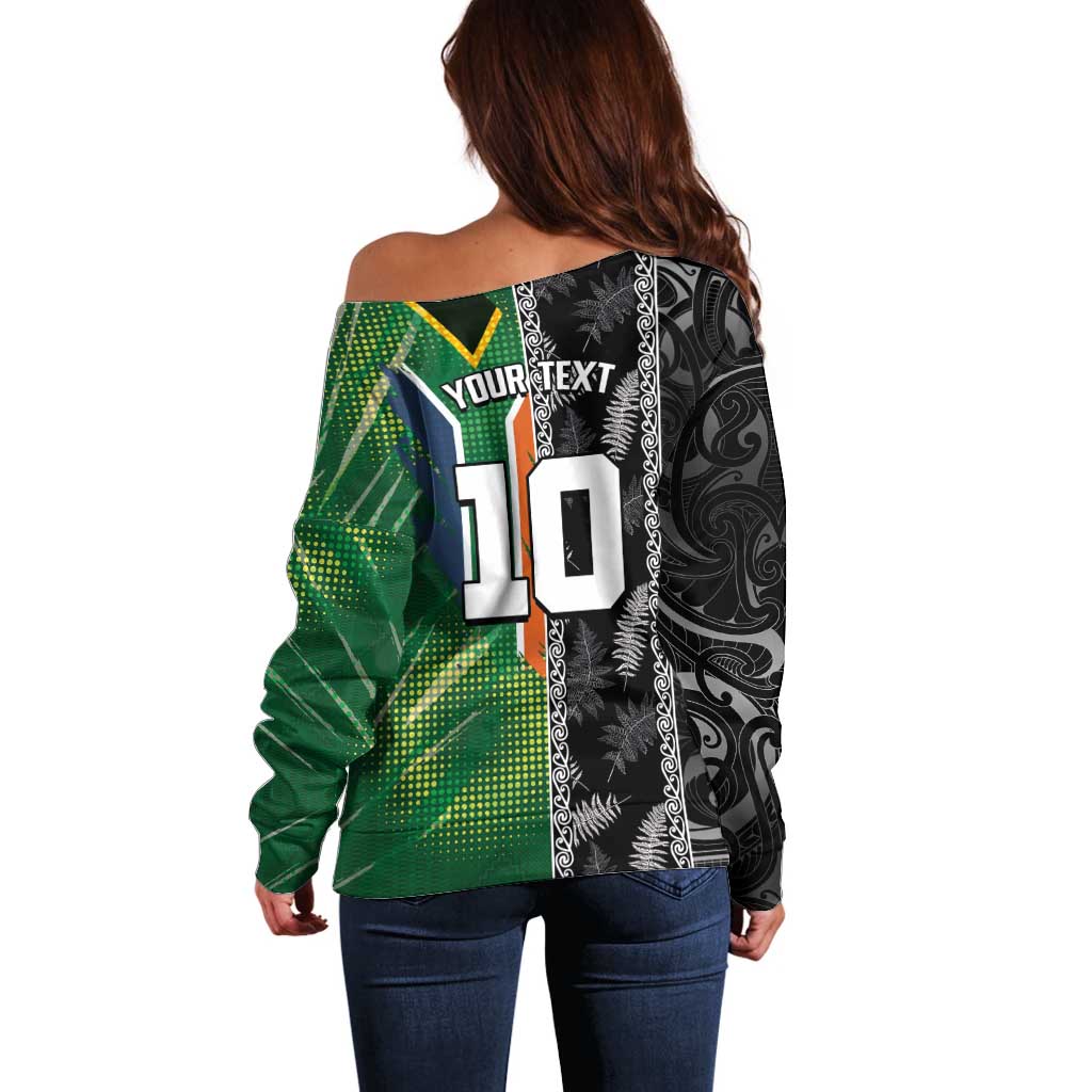 Custom Aotearoa South Africa Rugby Freedom Cup Off Shoulder Sweater Maori Silver Fern Art and Sporty Flag SA - Polynesian Pride