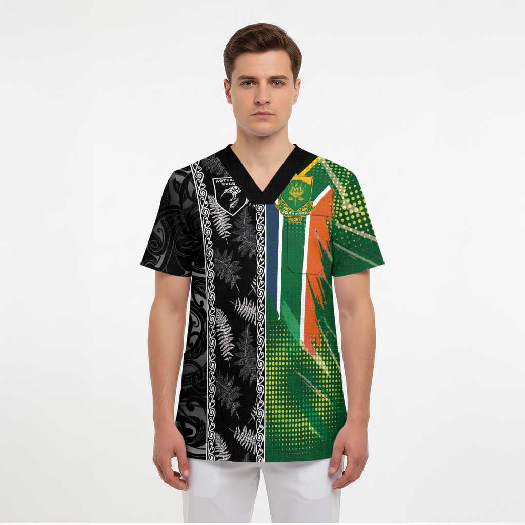 Custom Aotearoa South Africa Rugby Freedom Cup Scrub Top Maori Silver Fern Art and Sporty Flag SA - Polynesian Pride