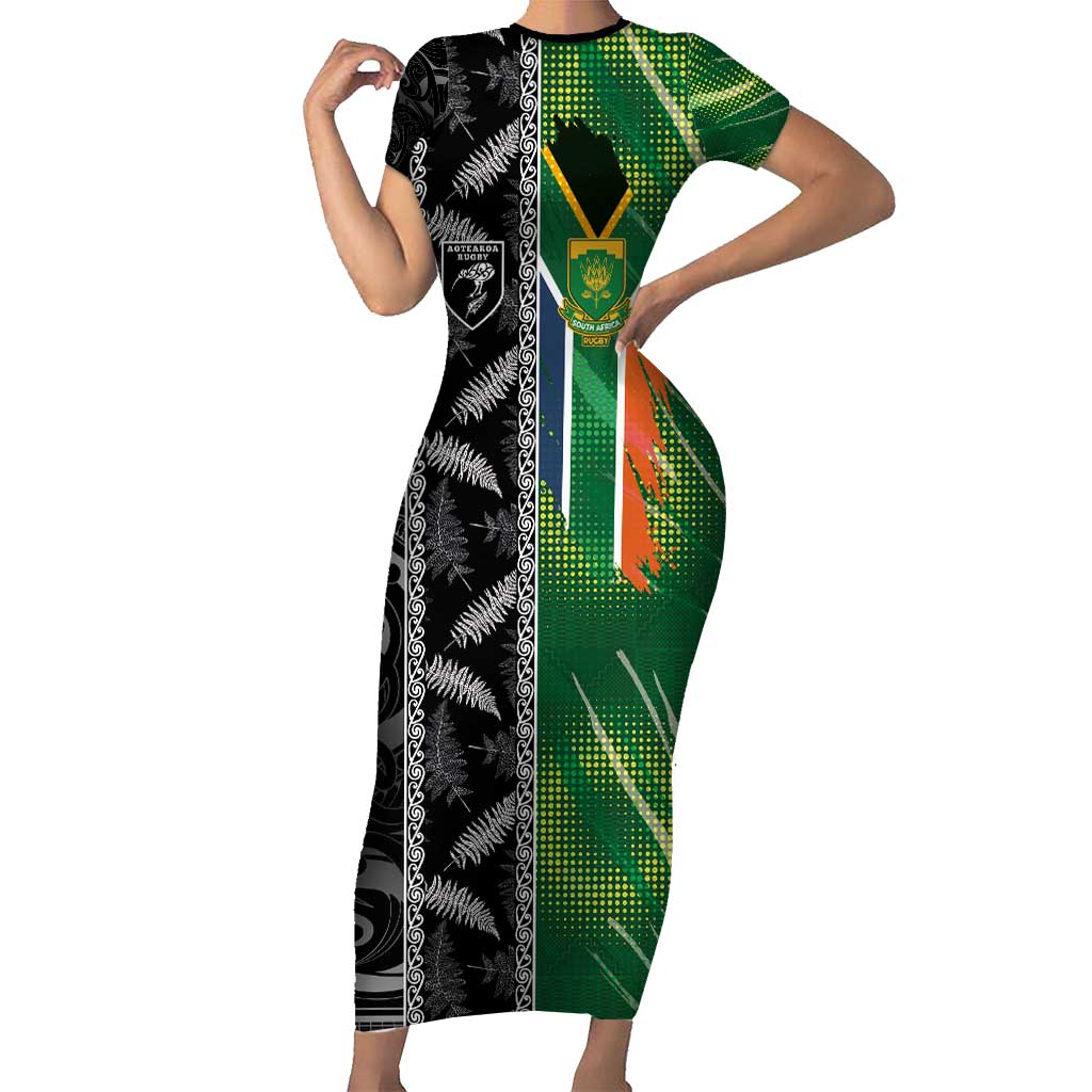 Custom Aotearoa South Africa Rugby Freedom Cup Short Sleeve Bodycon Dress Maori Silver Fern Art and Sporty Flag SA - Polynesian Pride