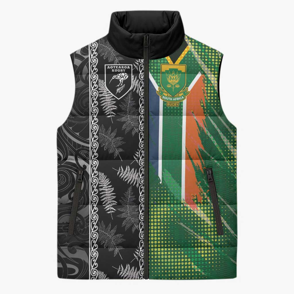 Custom Aotearoa South Africa Rugby Freedom Cup Sleeveless Puffer Jacket Maori Silver Fern Art and Sporty Flag SA - Polynesian Pride