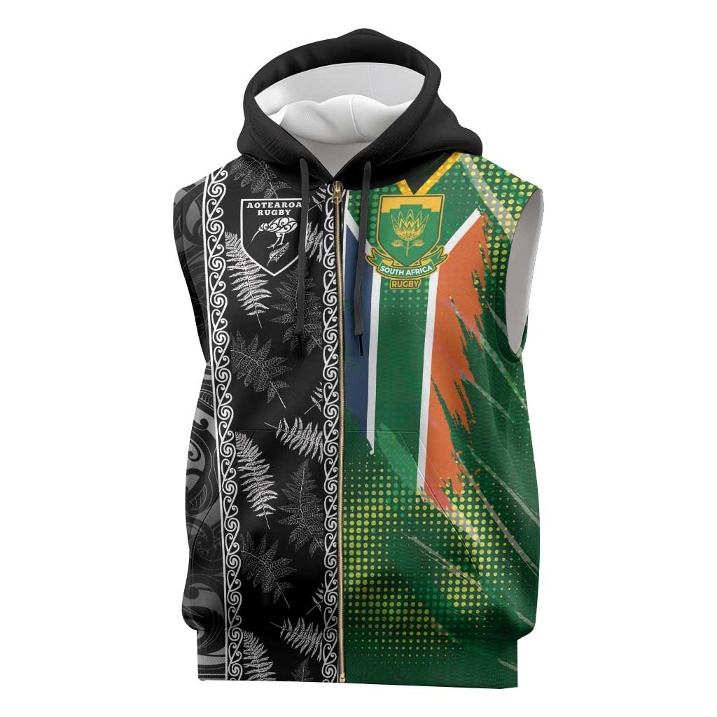 Custom Aotearoa South Africa Rugby Freedom Cup Sleeveless Zip Hoodie Maori Silver Fern Art and Sporty Flag SA - Polynesian Pride