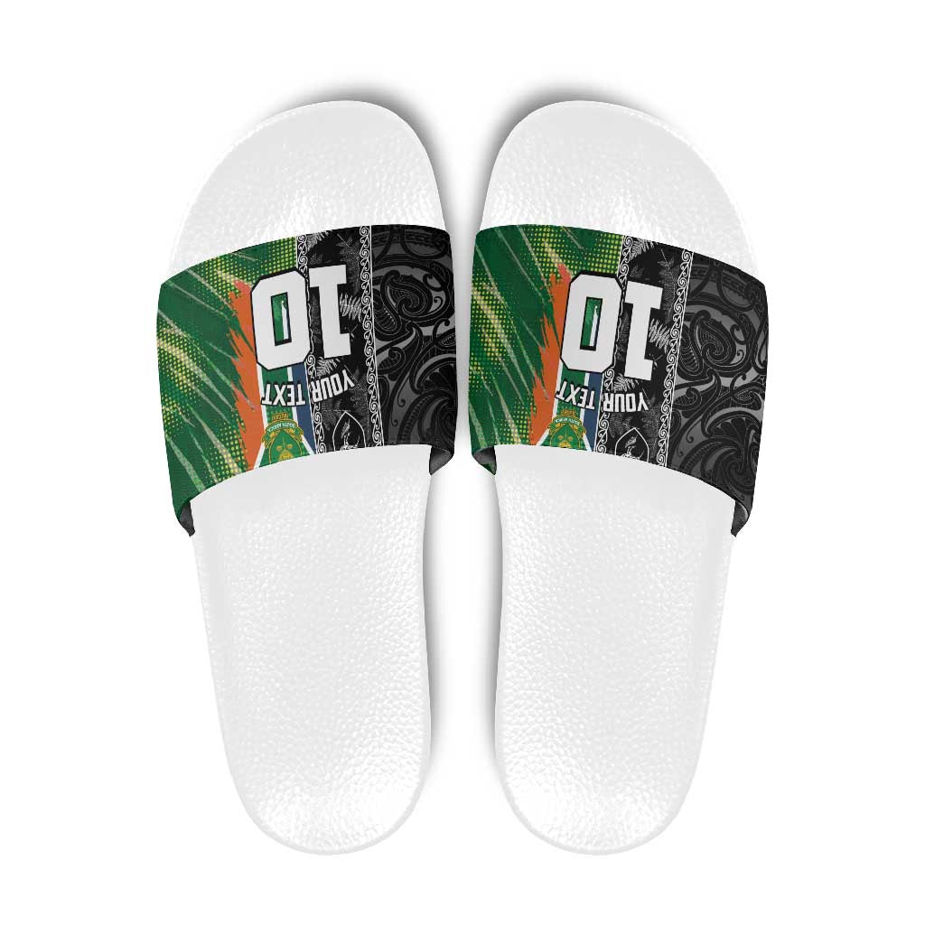 Custom Aotearoa South Africa Rugby Freedom Cup Slide Sandals Maori Silver Fern Art and Sporty Flag SA - Polynesian Pride