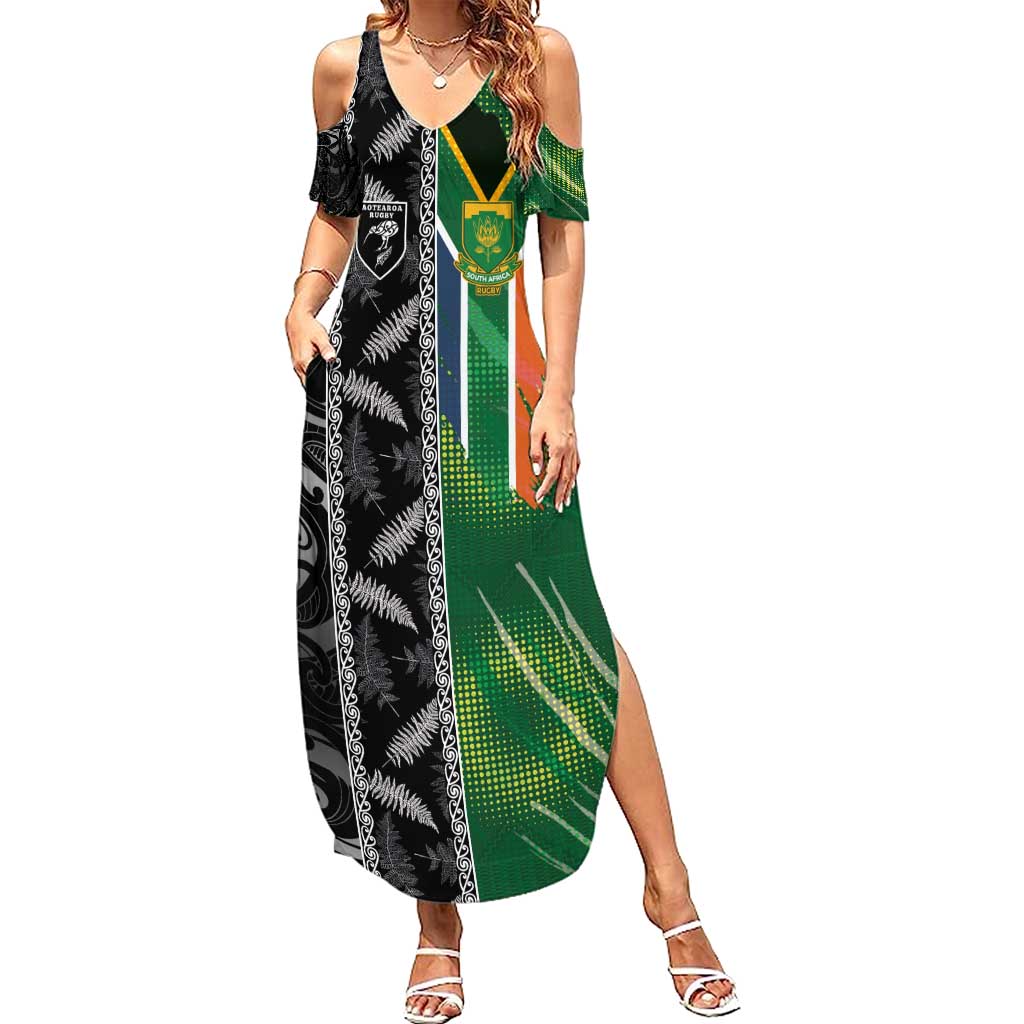 Custom Aotearoa South Africa Rugby Freedom Cup Summer Maxi Dress Maori Silver Fern Art and Sporty Flag SA - Polynesian Pride
