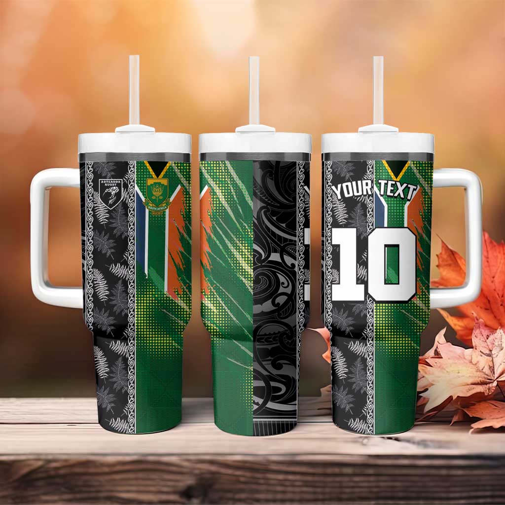 Custom Aotearoa South Africa Rugby Freedom Cup Tumbler With Handle Maori Silver Fern Art and Sporty Flag SA - Polynesian Pride