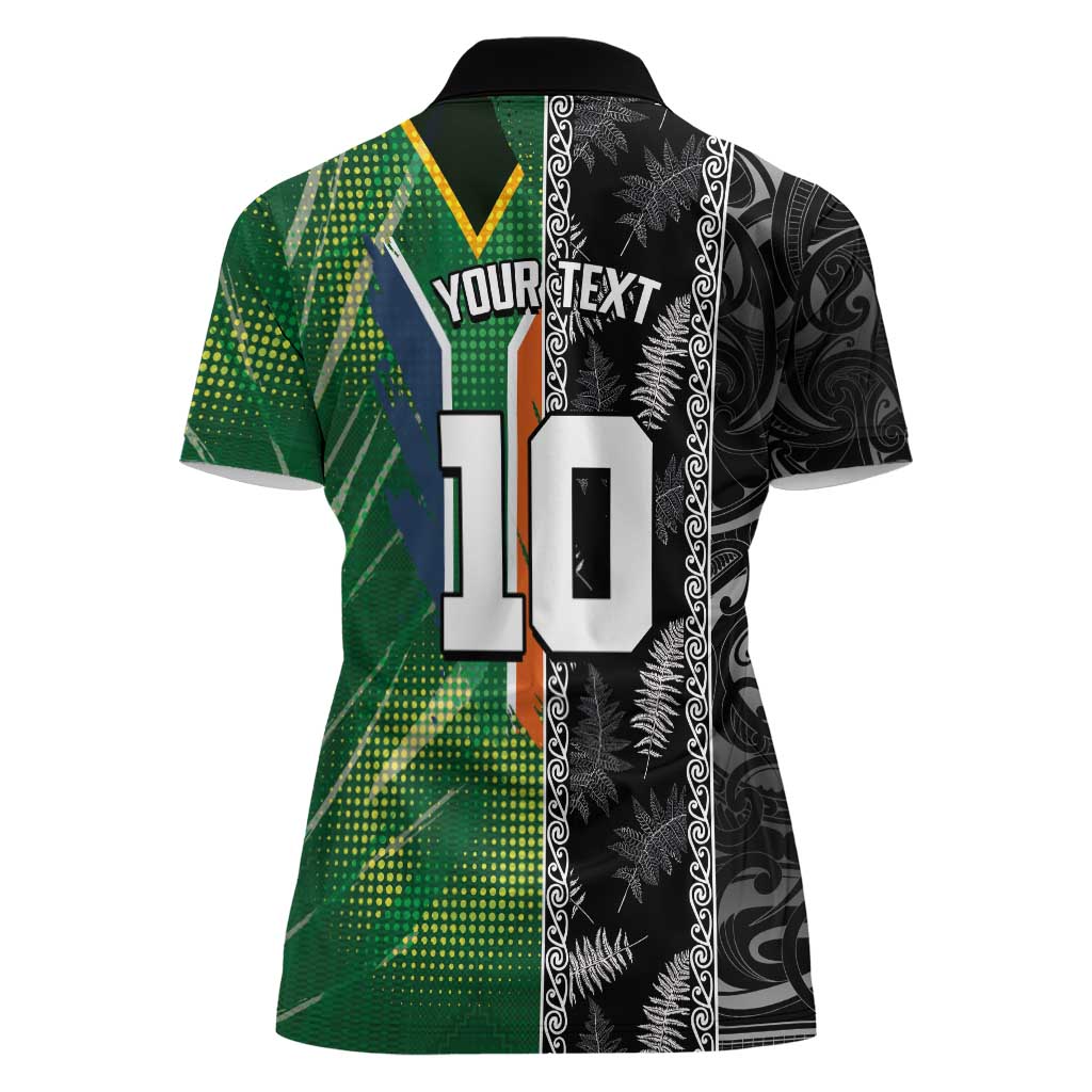 Custom Aotearoa South Africa Rugby Freedom Cup Women Polo Shirt Maori Silver Fern Art and Sporty Flag SA - Polynesian Pride