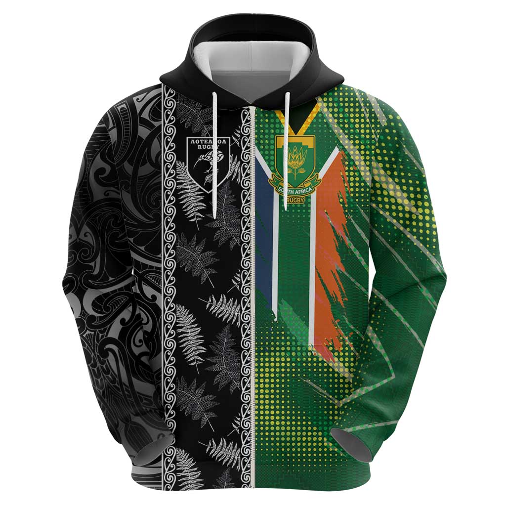 Custom Aotearoa South Africa Rugby Freedom Cup Zip Hoodie Maori Silver Fern Art and Sporty Flag SA - Polynesian Pride