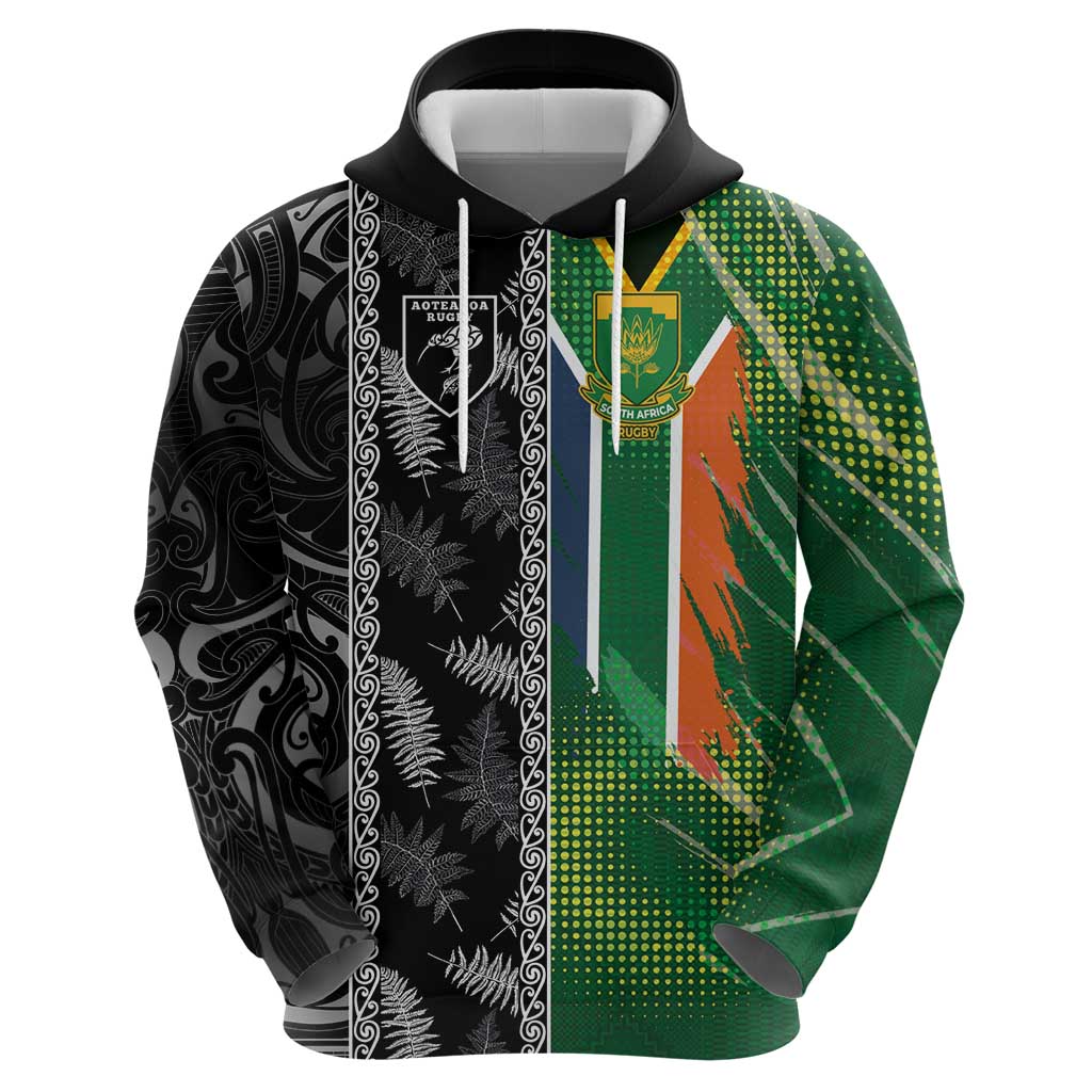 Custom Aotearoa South Africa Rugby Freedom Cup Zip Hoodie Maori Silver Fern Art and Sporty Flag SA - Polynesian Pride