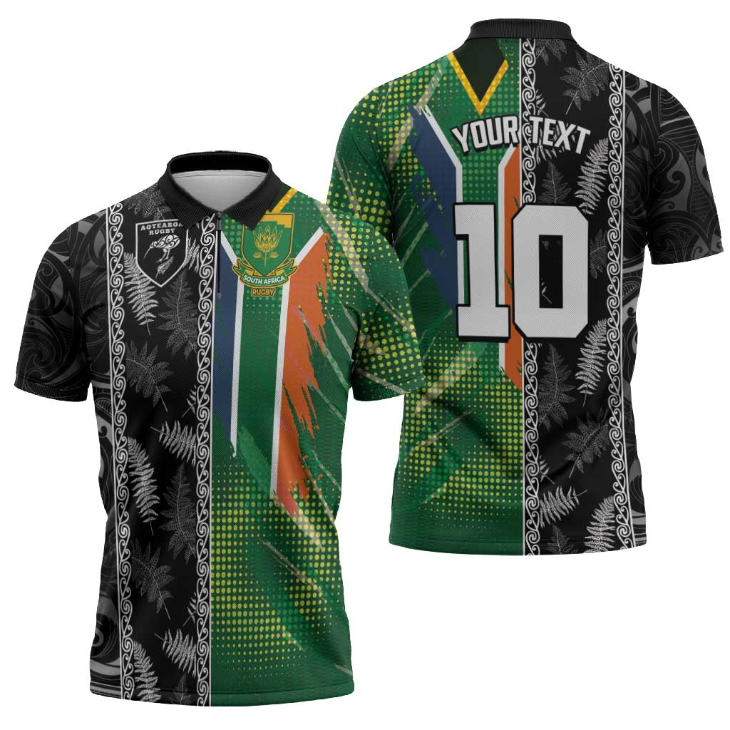 Custom Aotearoa South Africa Rugby Freedom Cup Zipper Polo Shirt Maori Silver Fern Art and Sporty Flag SA - Polynesian Pride