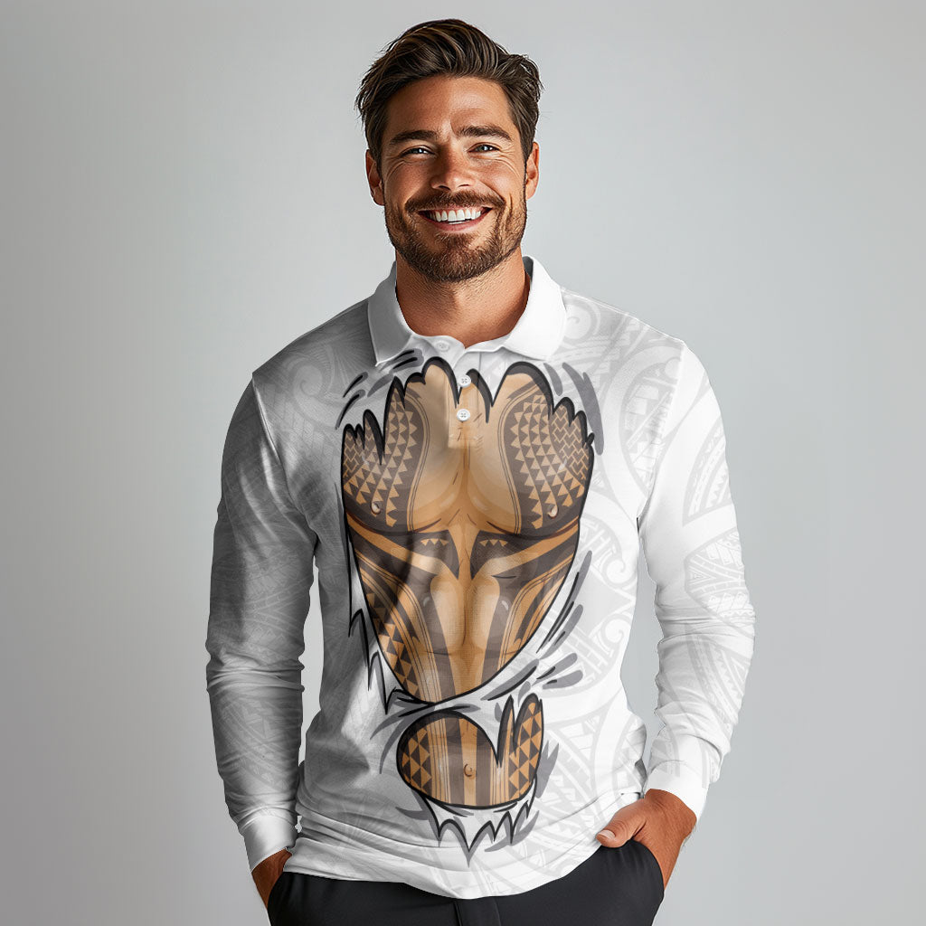 Hawaiian Kakau Long Sleeve Polo Shirt Aquaman Tattoo Reveal Effect