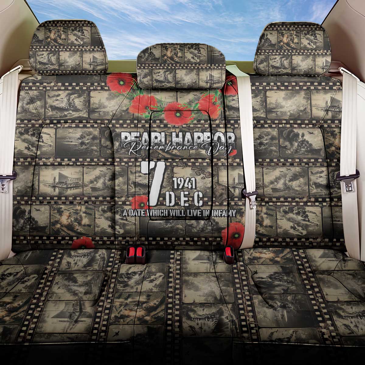 Pearl Harbor Remembrance Day Back Car Seat Cover Memories of December 7 with Red Poppy Lei - Polynesian Pride