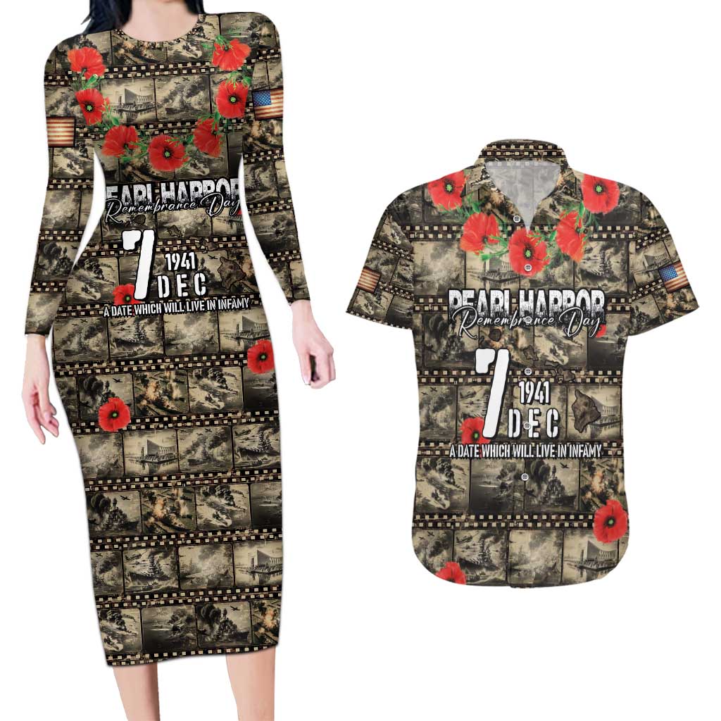 Pearl Harbor Remembrance Day Personalized Couples Matching Long Sleeve Bodycon Dress and Hawaiian Shirt Memories of December 7 with Red Poppy Lei LT03 Beige - Polynesian Pride